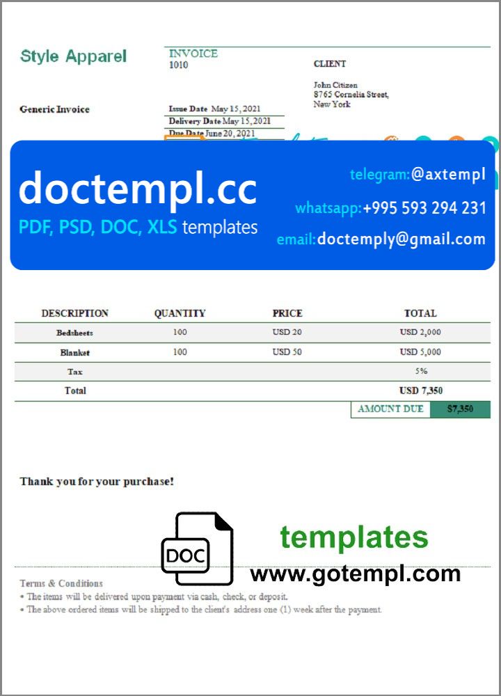 USA Style Apparel invoice template in Word and PDF format, fully editable