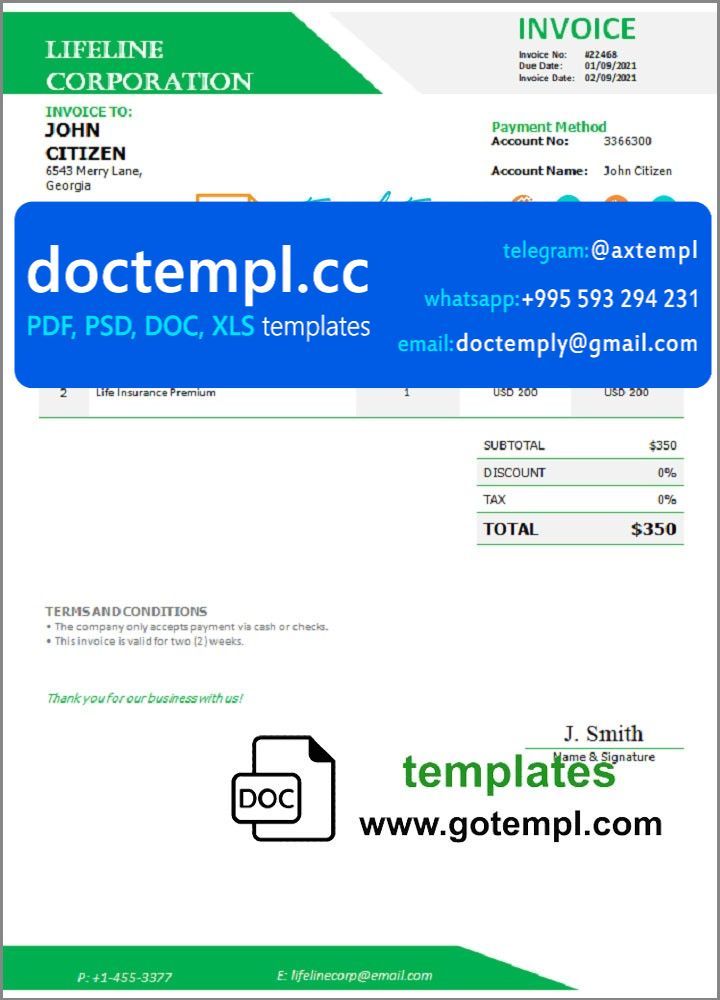 Georgia Lifeline Corporation invoice template in Word and PDF format ...