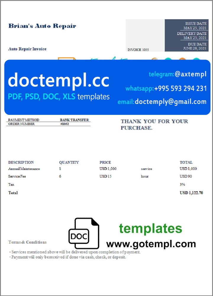 USA Brian's Auto Repair invoice template in Word and PDF format, fully editable