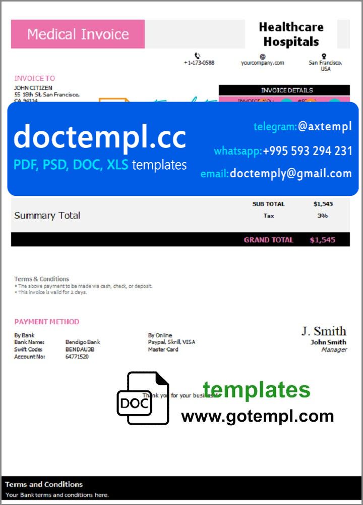 USA Healthcare Hospitals invoice template in Word and PDF format, fully ...