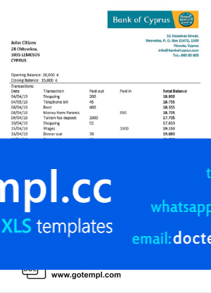 Cyprus Bank of Cyprus proof of address bank statement template in Word and PDF format