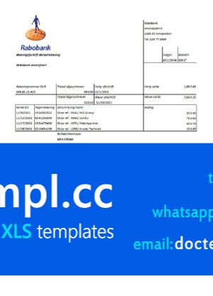 Netherlands Rabobank bank statement easy to fill template in .xls and .pdf file format