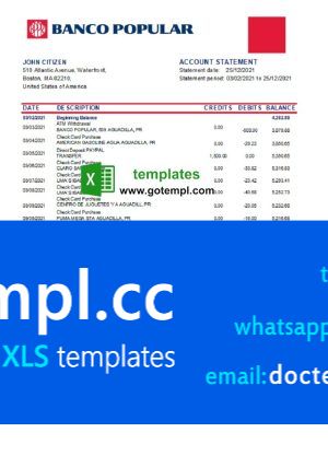 Portugal Banco Popular bank statement template in Excel and PDF format, .xls and .pdf format