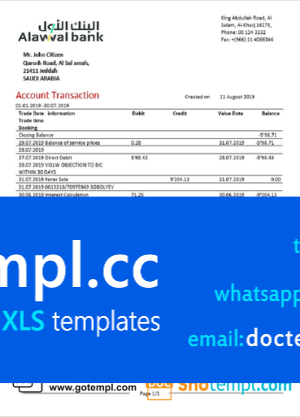 Saudi Arabia Alawwal Bank statement template in Word and PDF format, good for address prove