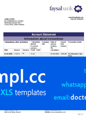 Pakistan Faysal bank statement template in Word and PDF format