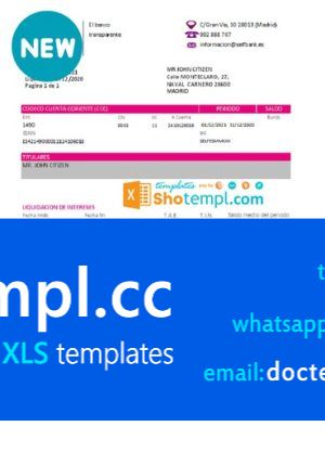 Spain Self Bank proof of address statement template in Excel and PDF format, .xls and .pdf format