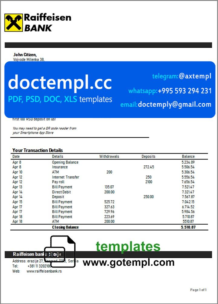 Serbia Raiffeisen bank statement template in Word and PDF format