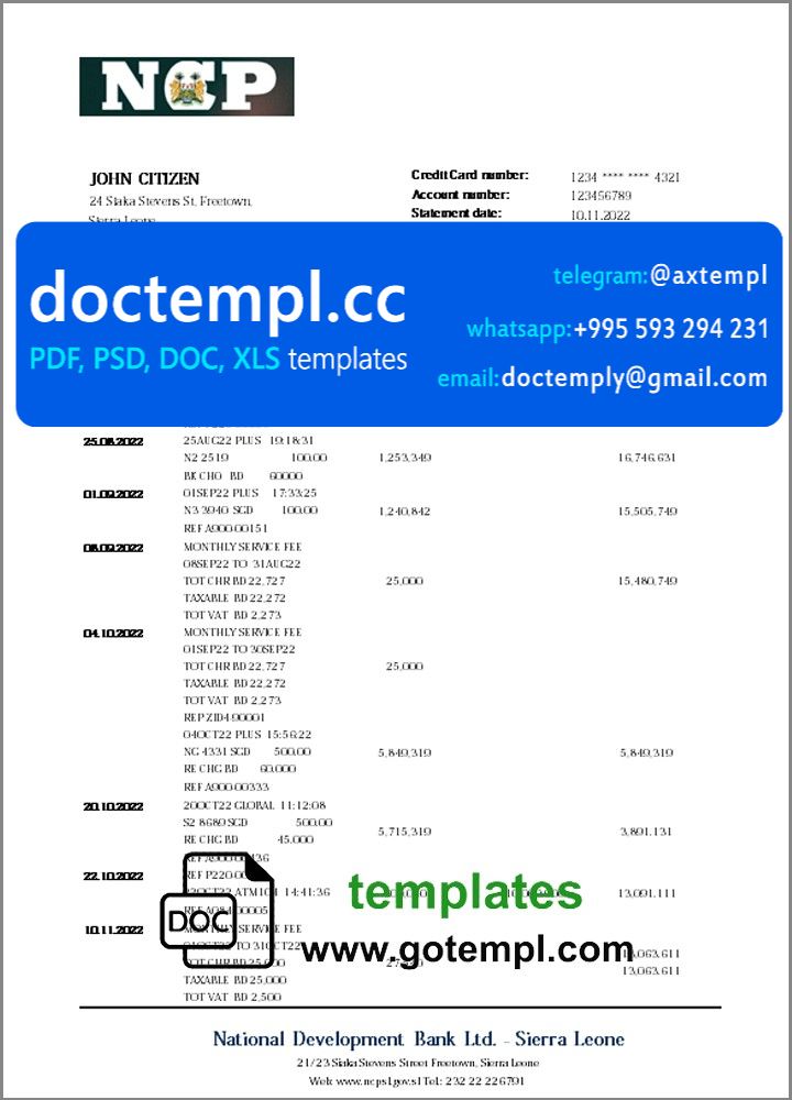 Sierra Leone National Development bank statement template in Word and PDF format