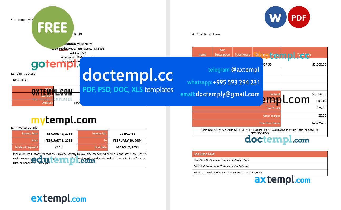 Free Simple Freelance Invoice template in word and pdf format