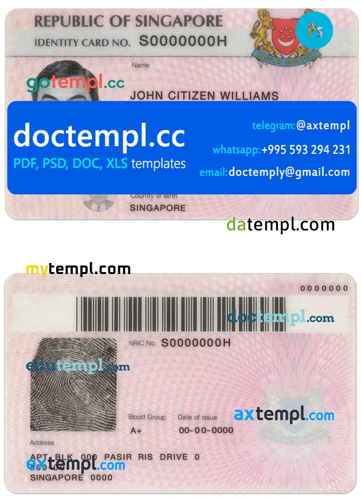Singapore identity card PSD template, completely editable