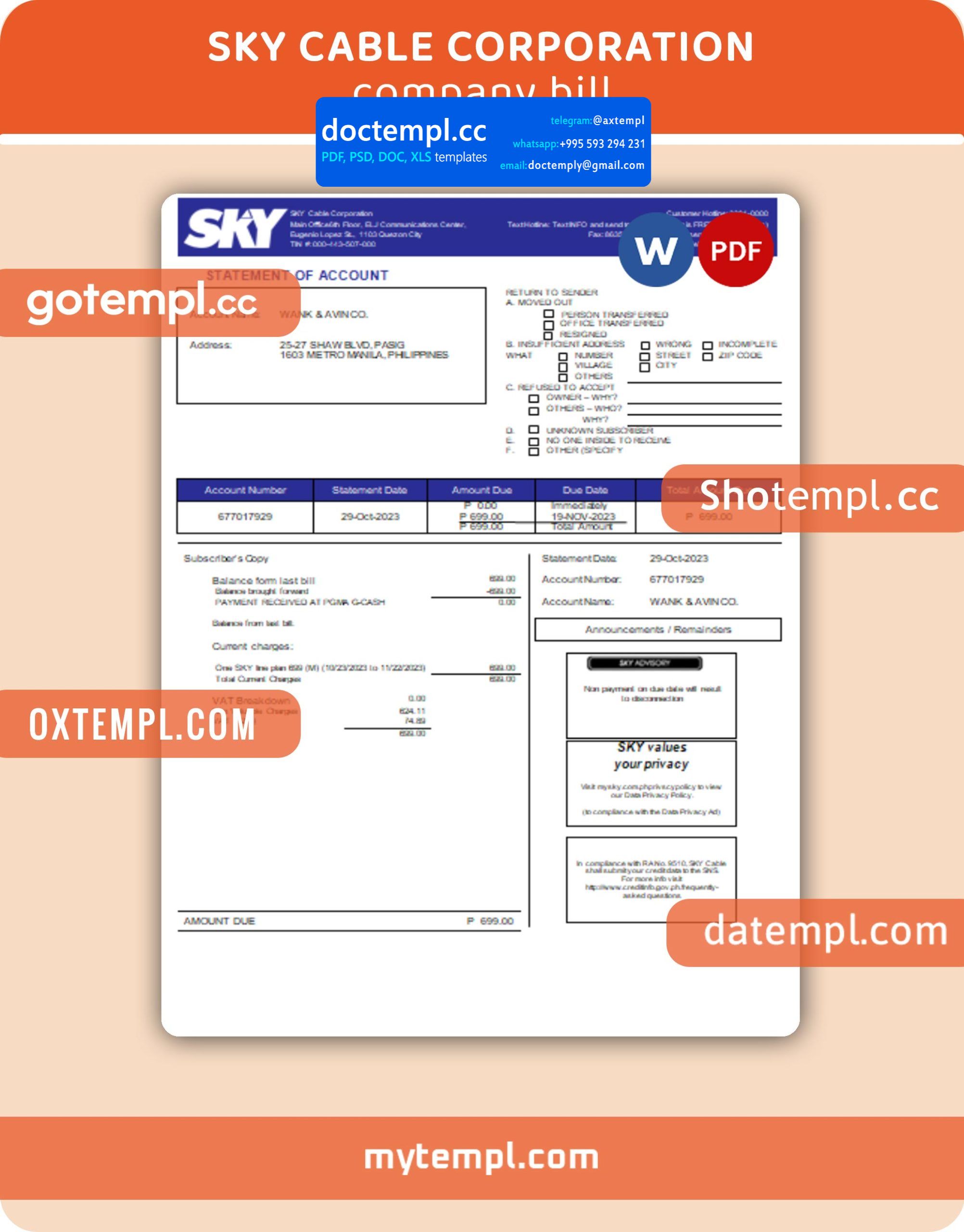 Sky Cable Corporation business utility bill, PDF and WORD template