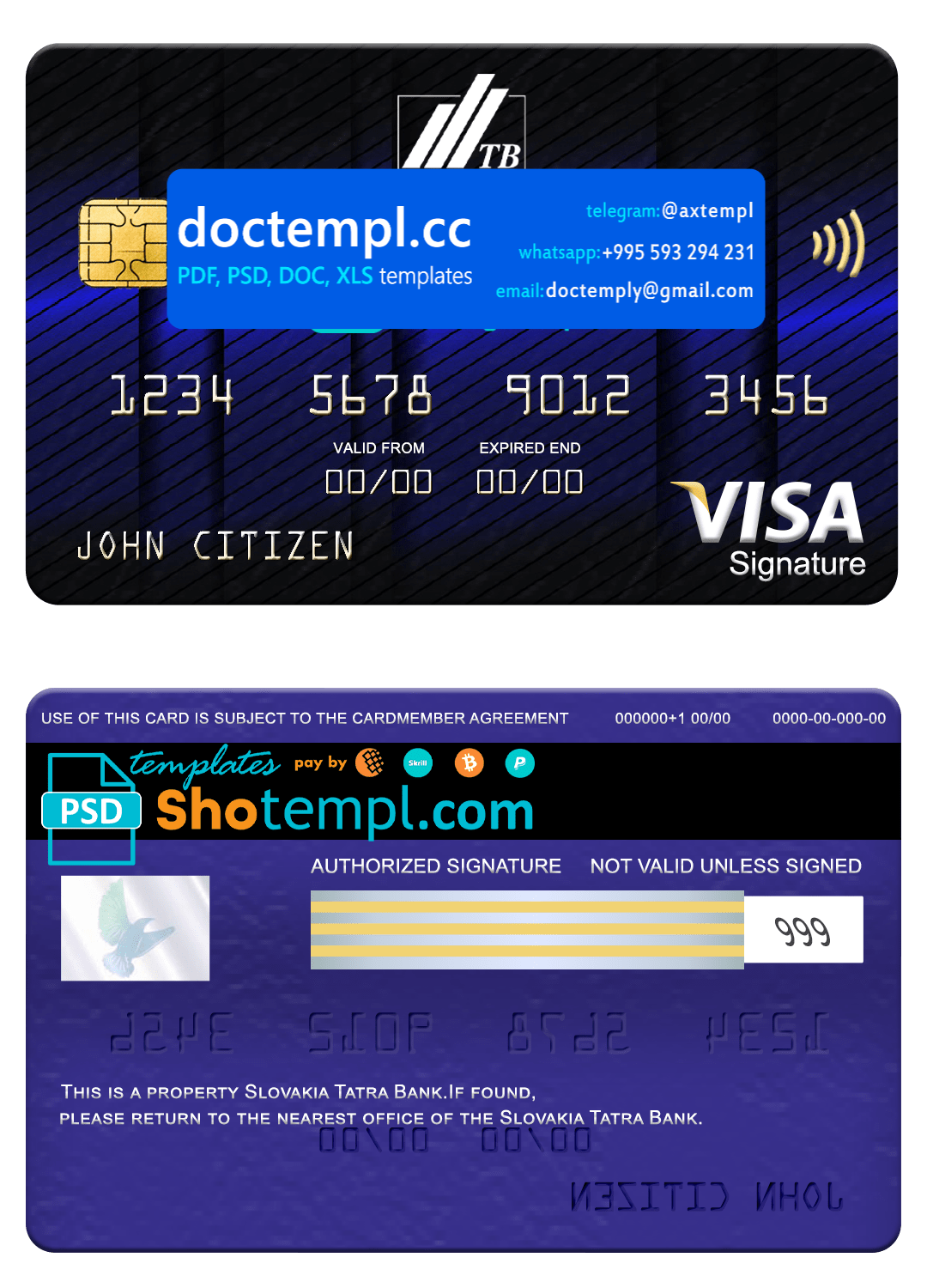 Slovakia Tatra Bank visa signature card, fully editable template in PSD ...