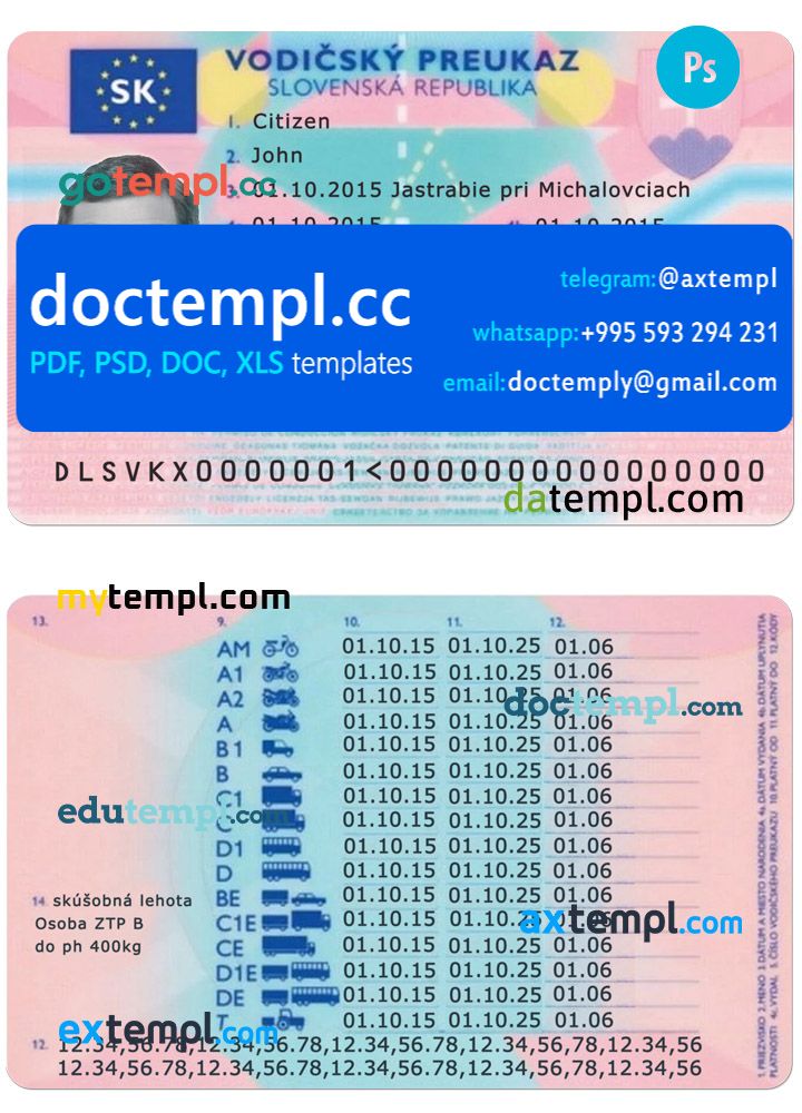 Slovakia driving license template in PSD format, with fonts