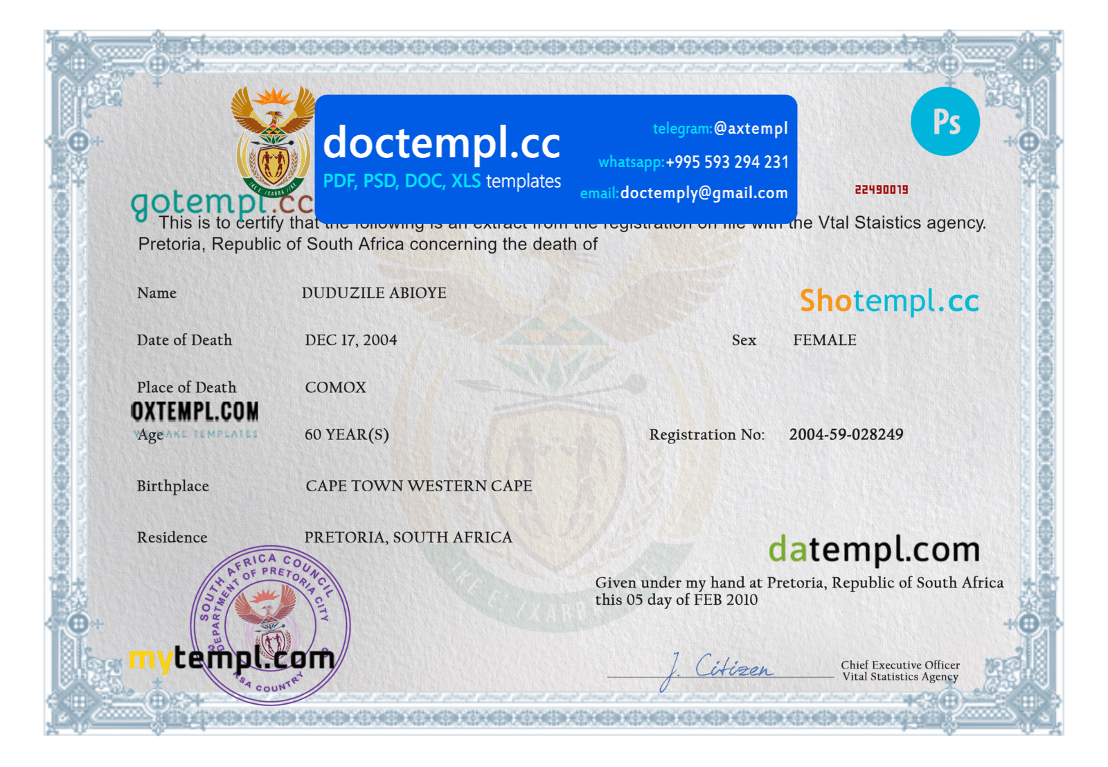 South Africa death certificate PSD template, completely editable