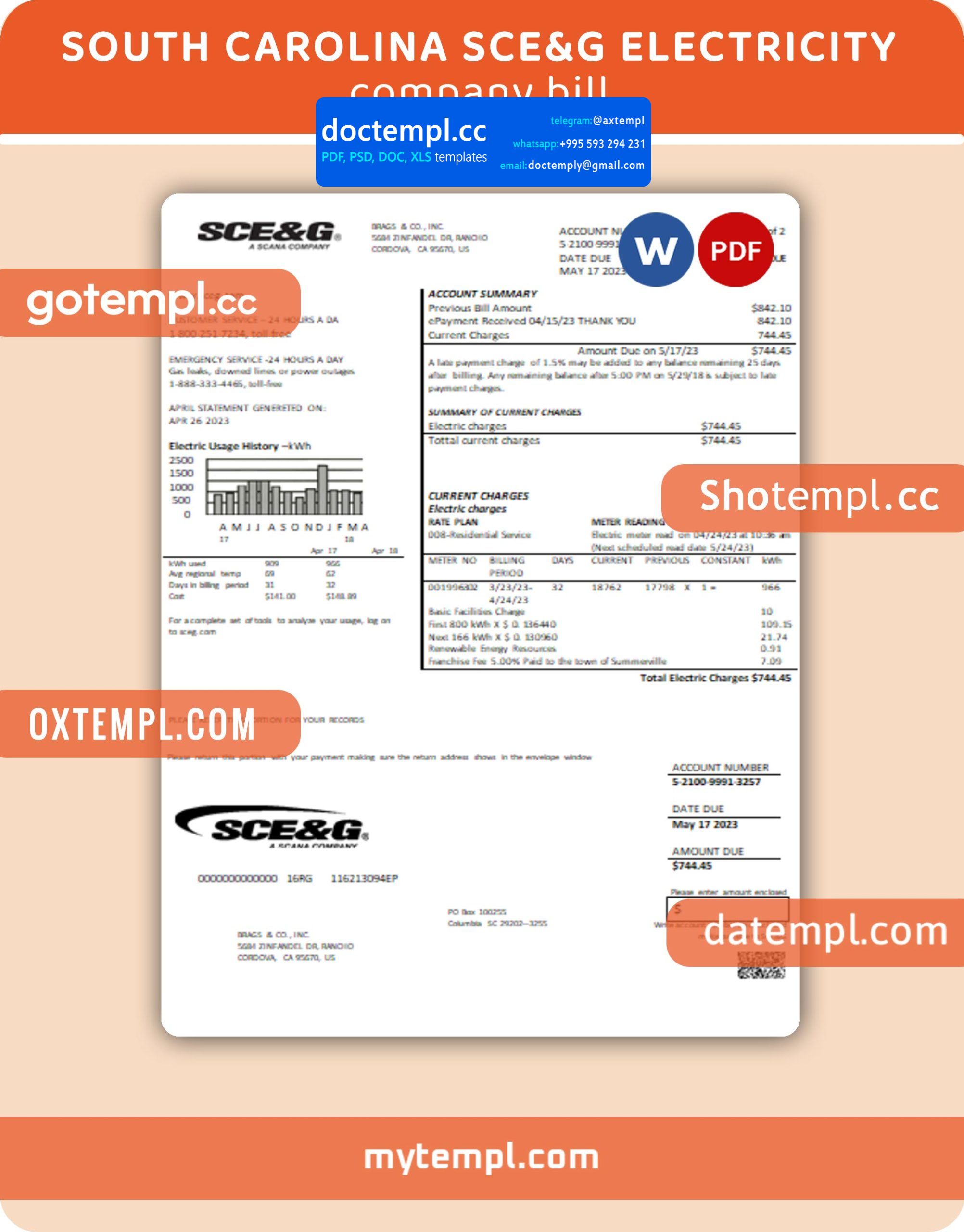 South Carolina SCE&G electricity business utility bill, Word and PDF template, 2 pages