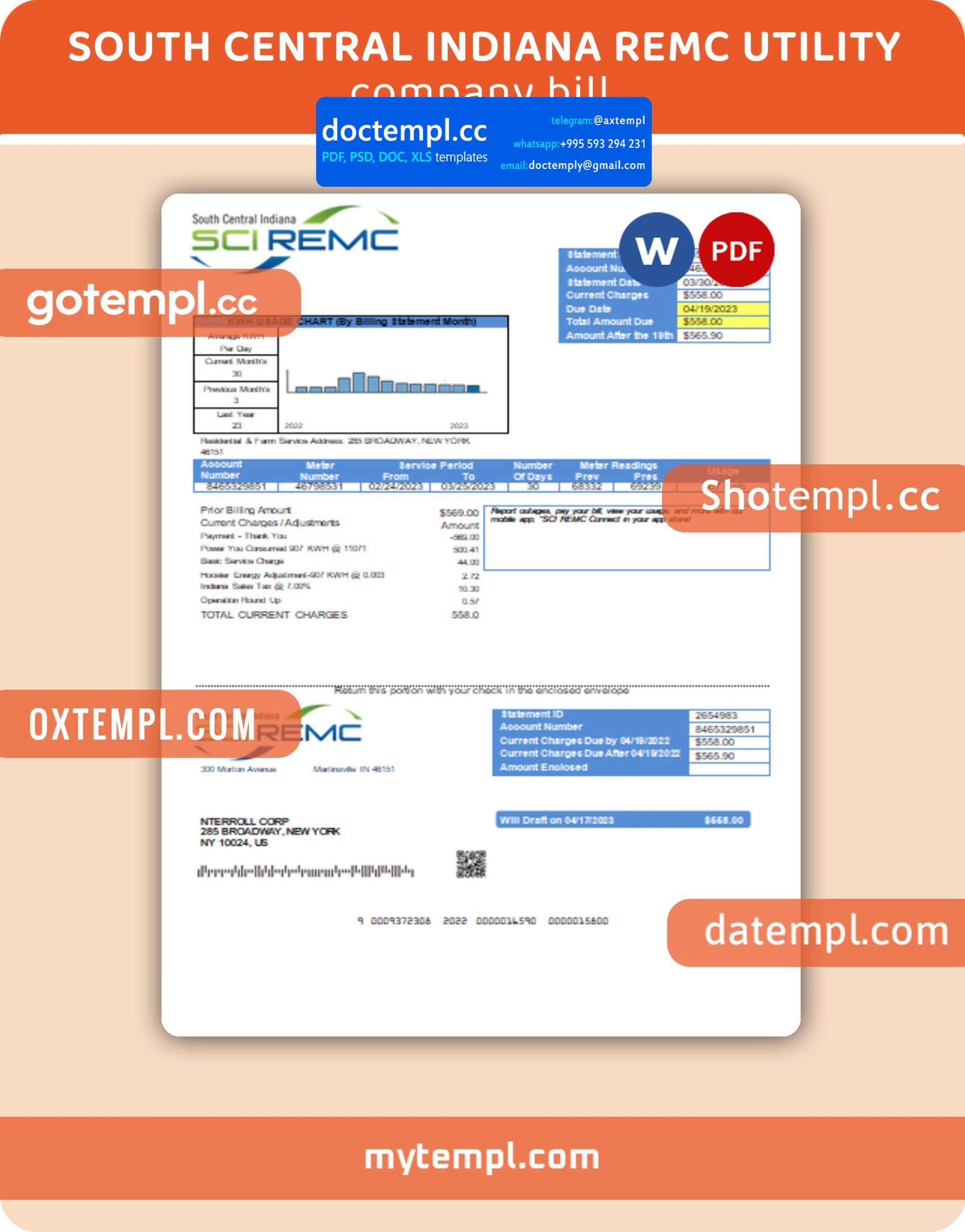 South Central Indiana REMC business utility bill, Word and PDF template