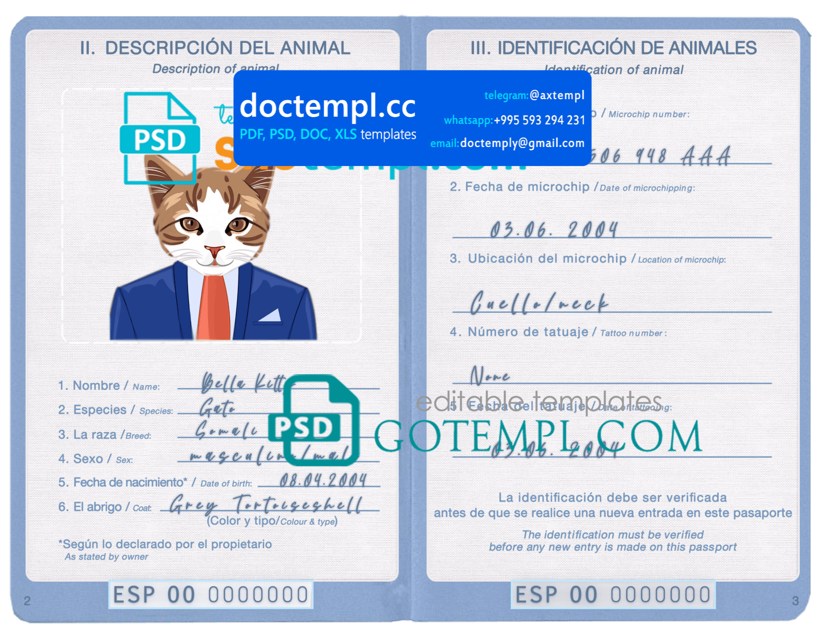 Spain cat (animal, pet) passport PSD template, completely editable