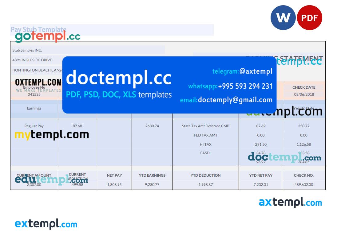 Stub Samples INC earnings statement Word and PDF template