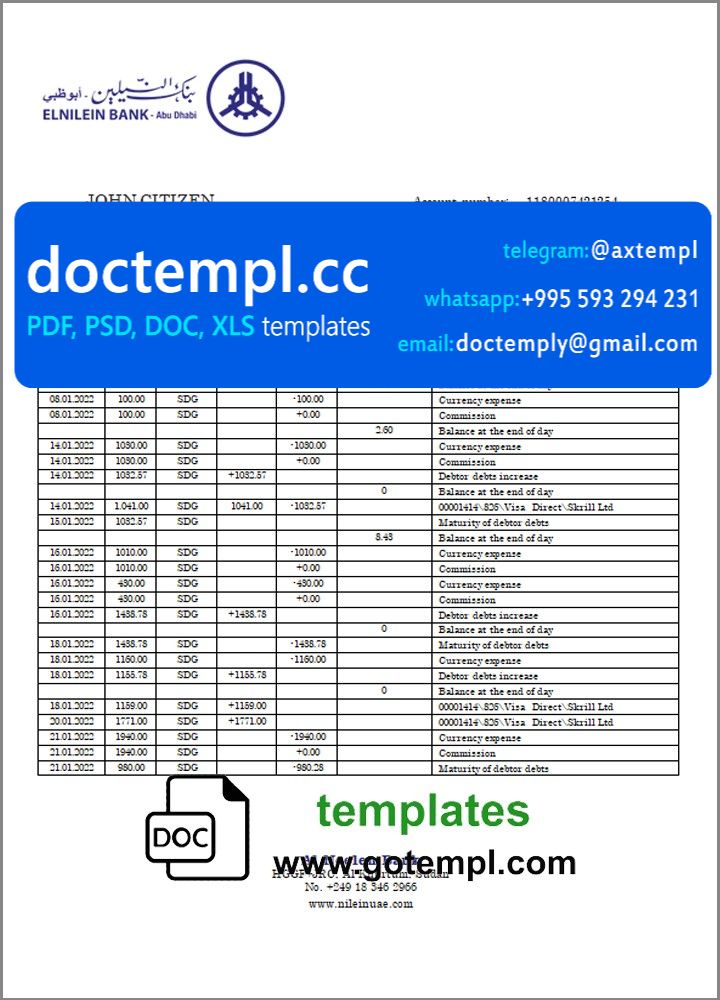 Sudan Al Neelen Bank bank statement template in Word and PDF format, version 2