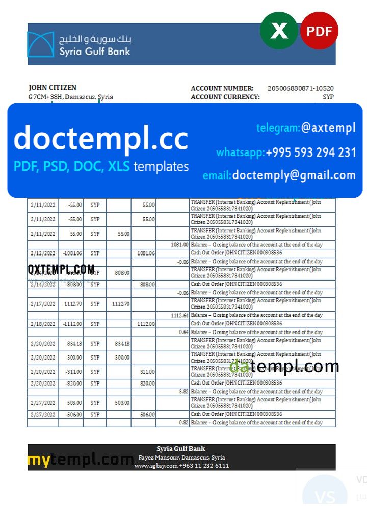 Syria Gulf bank statement, Excel and PDF template