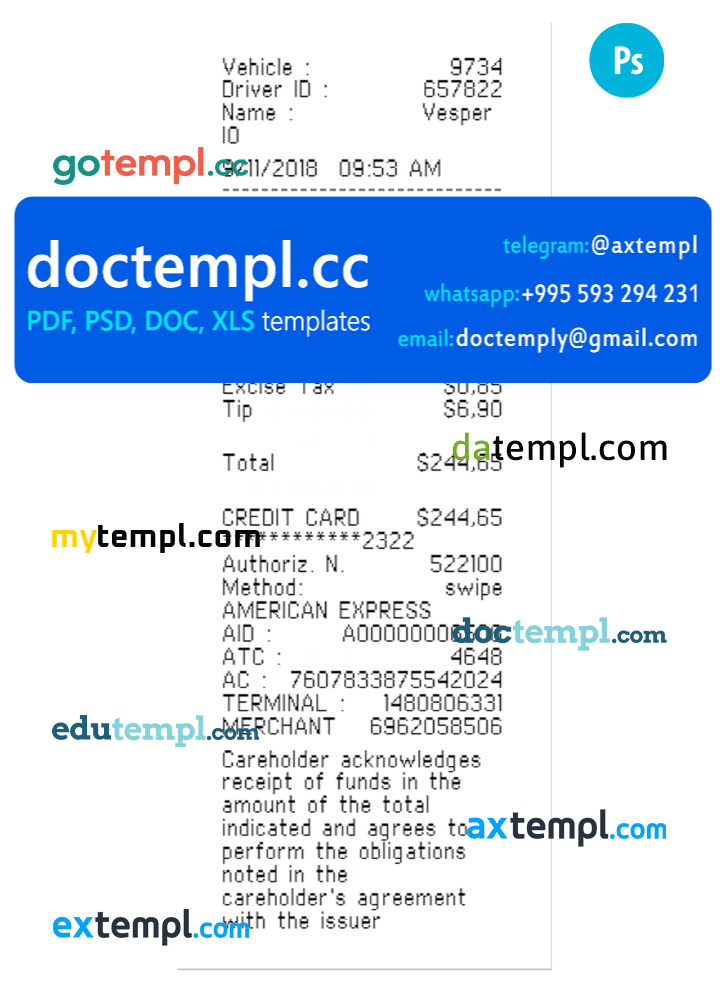 TAXI payment receipt template PSD template