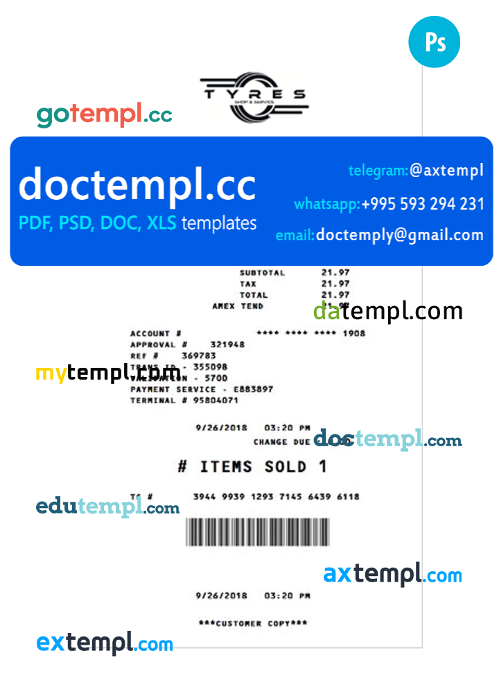TYRES SHOP payment receipt PSD template