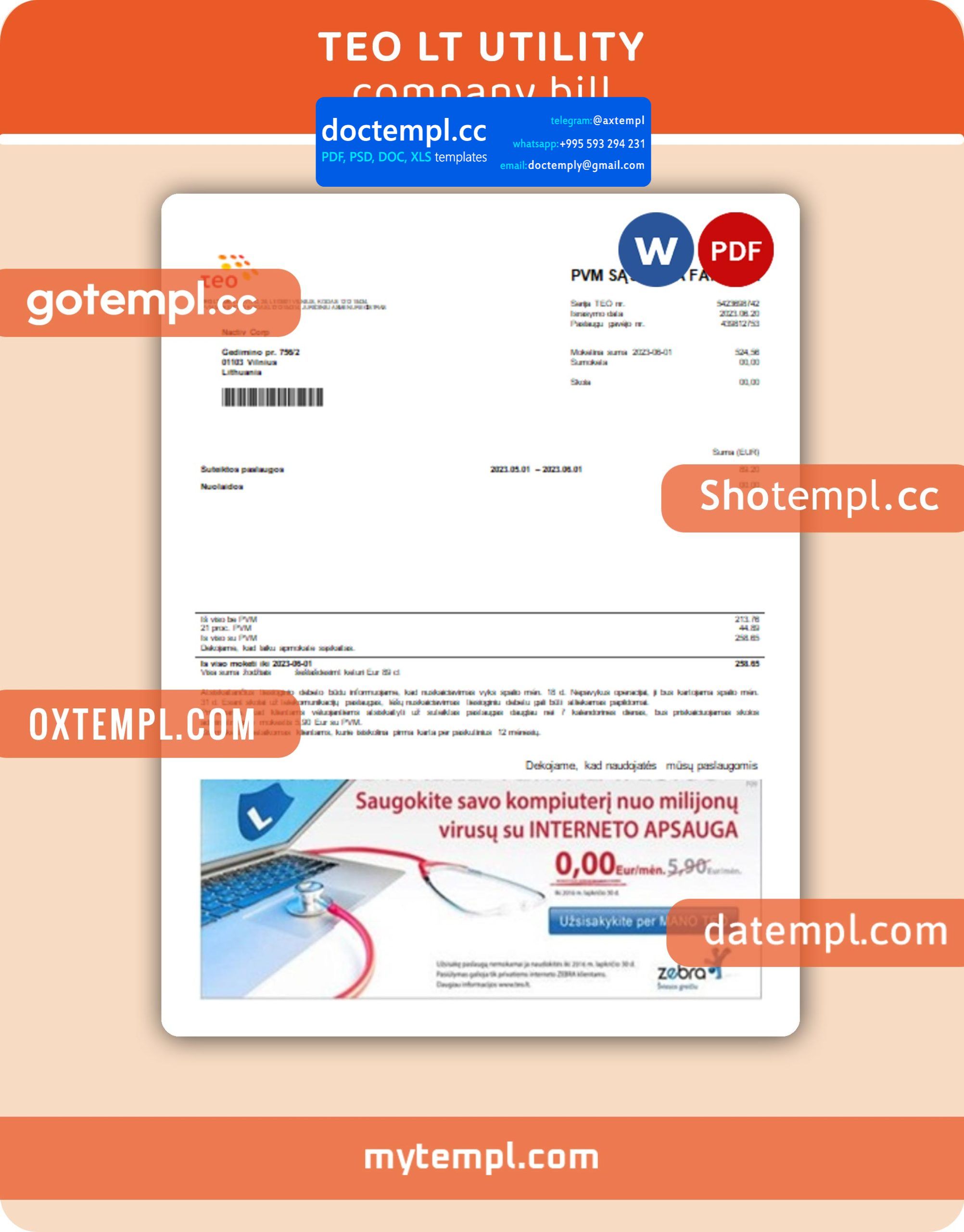 Teo LT business utility bill, Word and PDF template, 4 pages, version 3