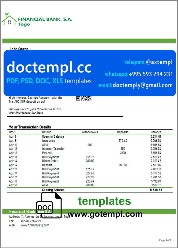 Togo Financial Bank statement template in Word and PDF format