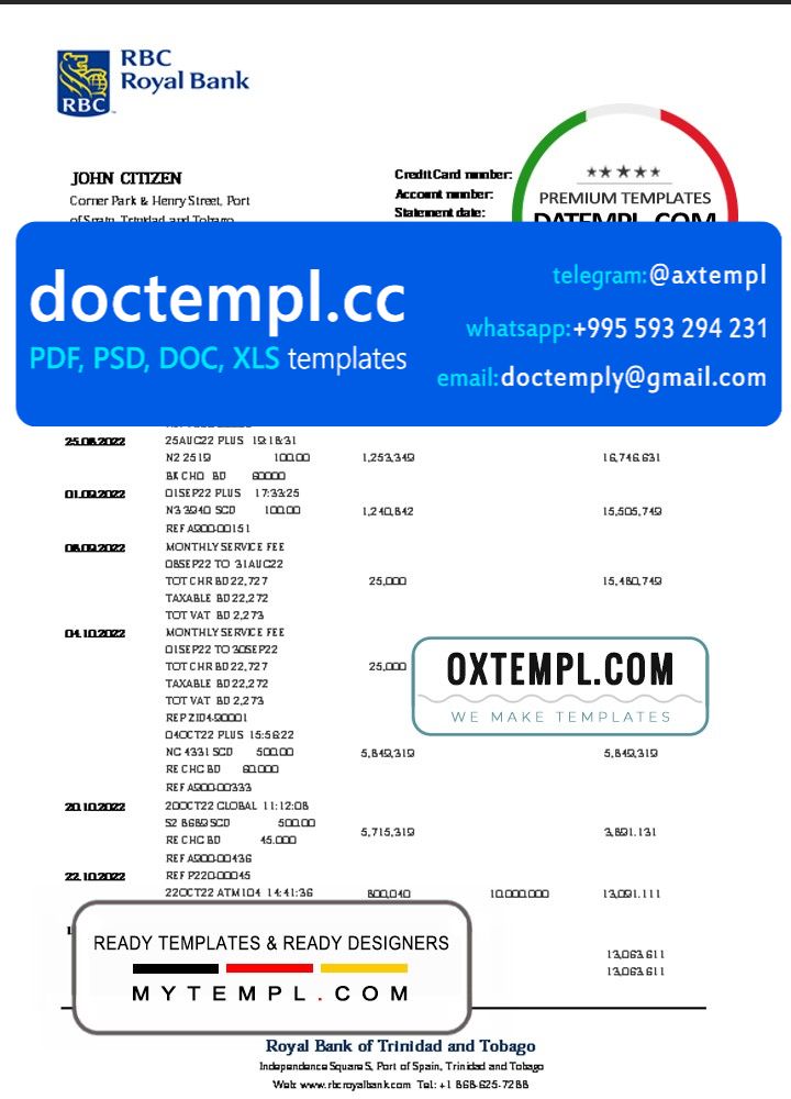 Trinidad and Tobago Royal Citizens Bank statement template in Word and PDF format