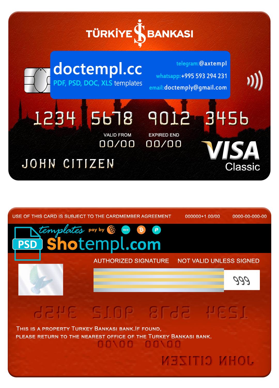 Turkey Bankasi bank visa classic card, fully editable template in PSD format