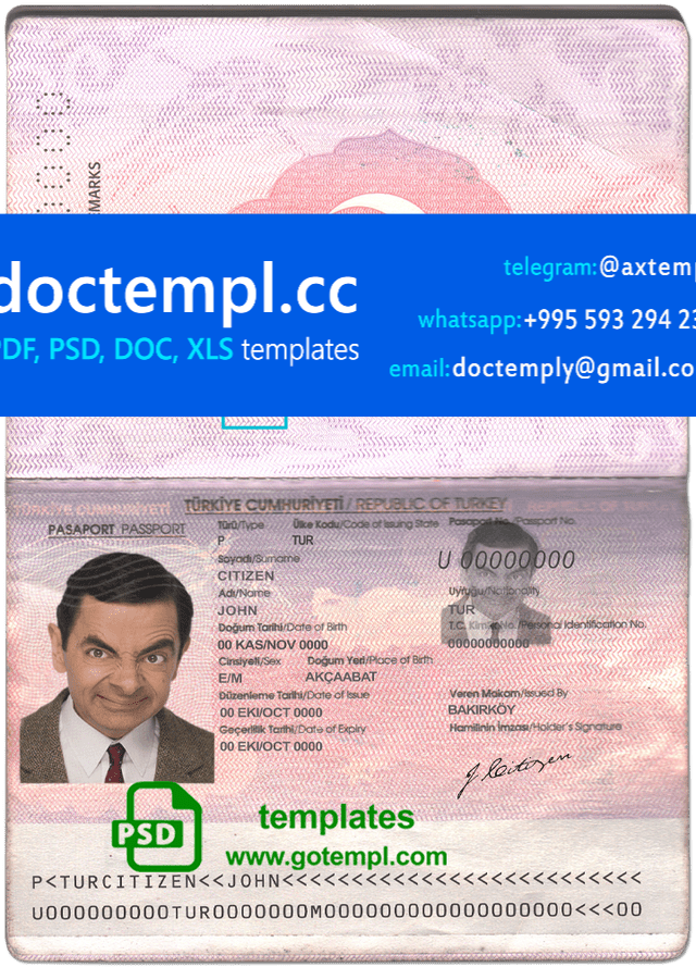 Turkey passport template in PSD format, fully editable (2010-2018)