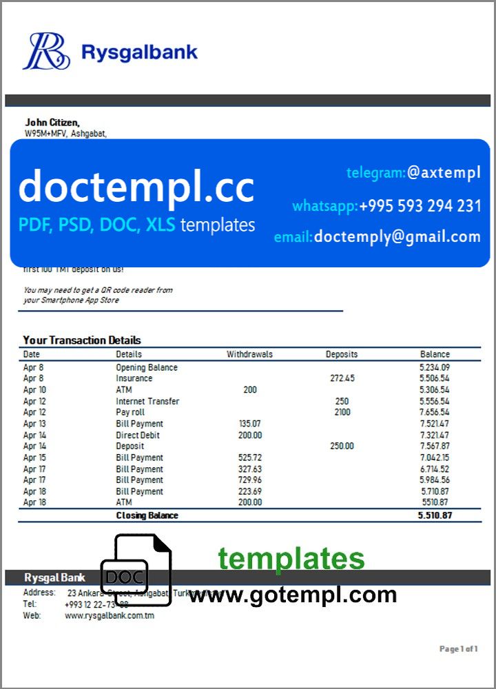 Turkmenistan Rysgal bank statement template, Word and PDF format (.doc and .pdf)