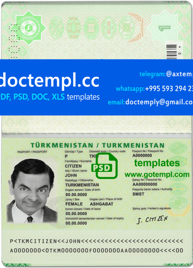 Turkmenistan passport template in PSD format, fully editable
