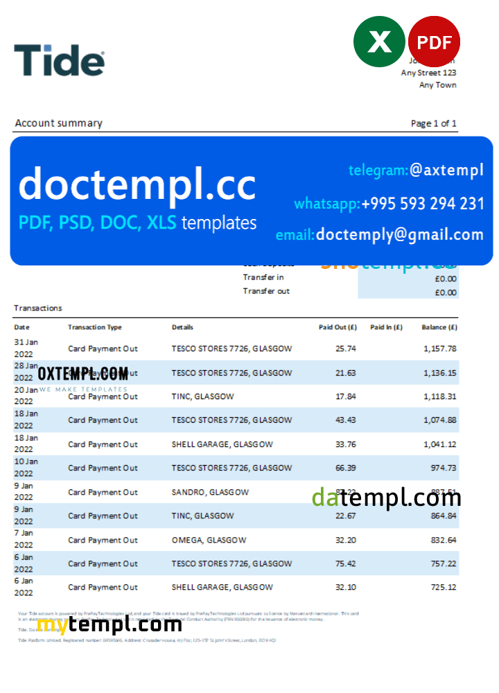 United Kingdom Tide bank statement, Excel and PDF template