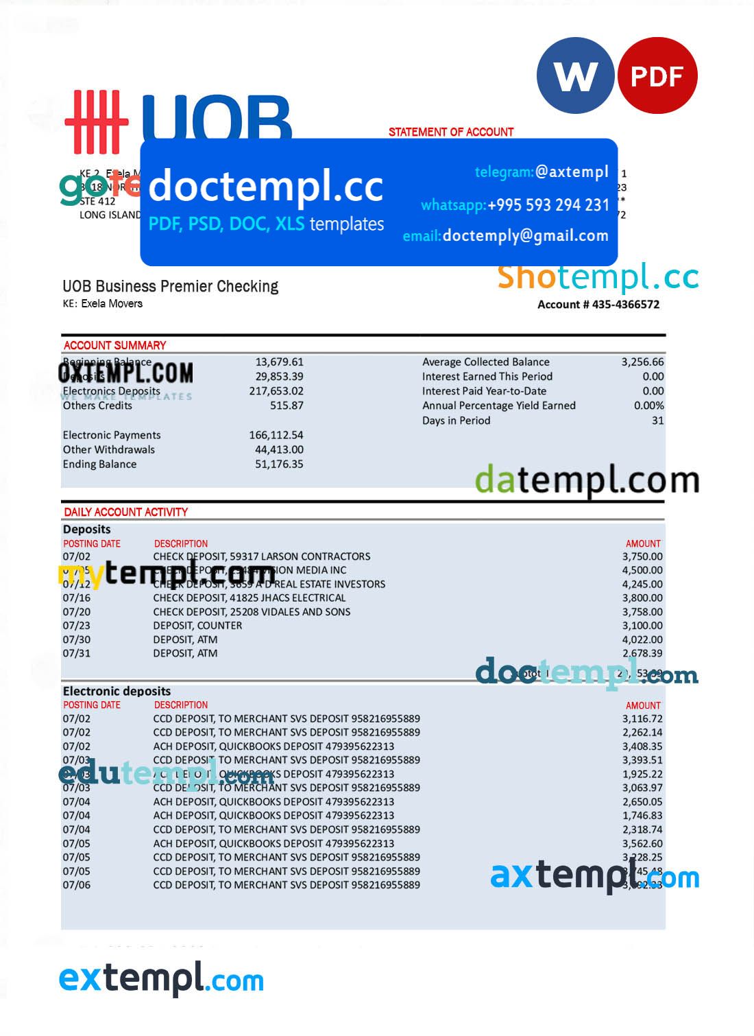 UOB (United Overseas Bank) firm account statement Word and PDF template