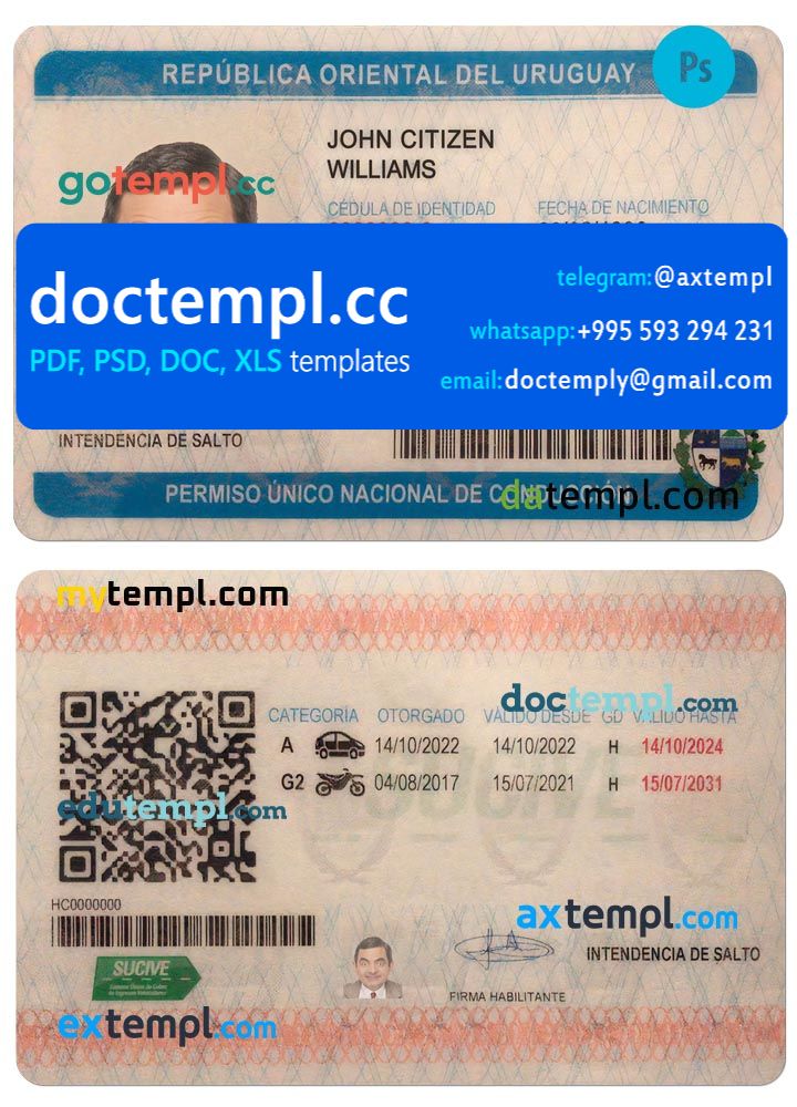 Uruguay driving license template in PSD format, with fonts