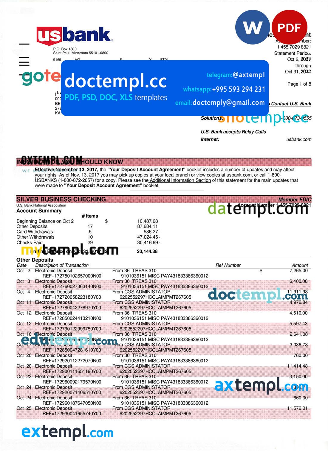 U.S. Bank organization account statement Word and PDF template