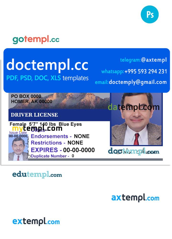 USA Alaska driving license template in PSD format (front), version 2