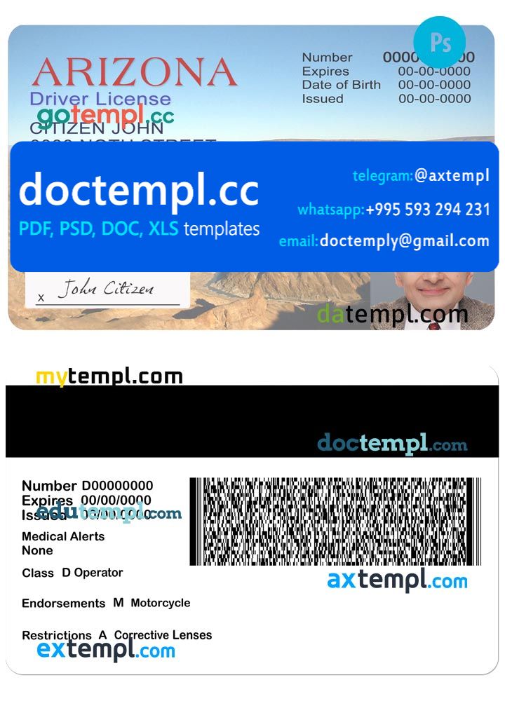 USA Arizona driving license template in PSD format, version 2