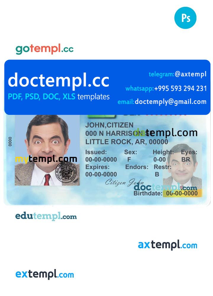USA Arkansas driving license template in PSD format (front), version 2