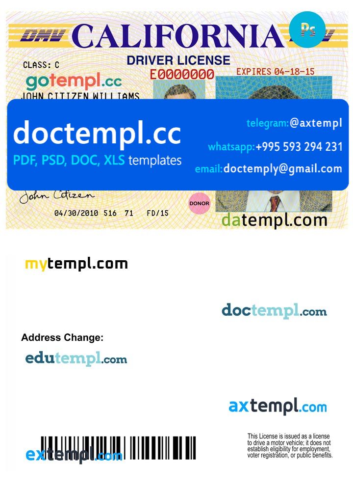 USA California driving license template in PSD format, version 3