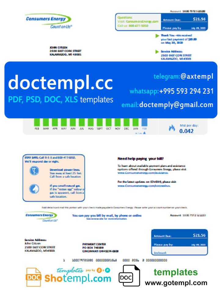 USA Michigan Consumers Energy Utility Bill Template In Word And PDF Format