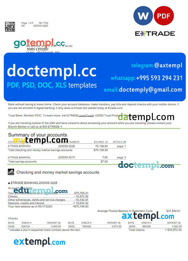 USA ETRADE bank statement Word and PDF template