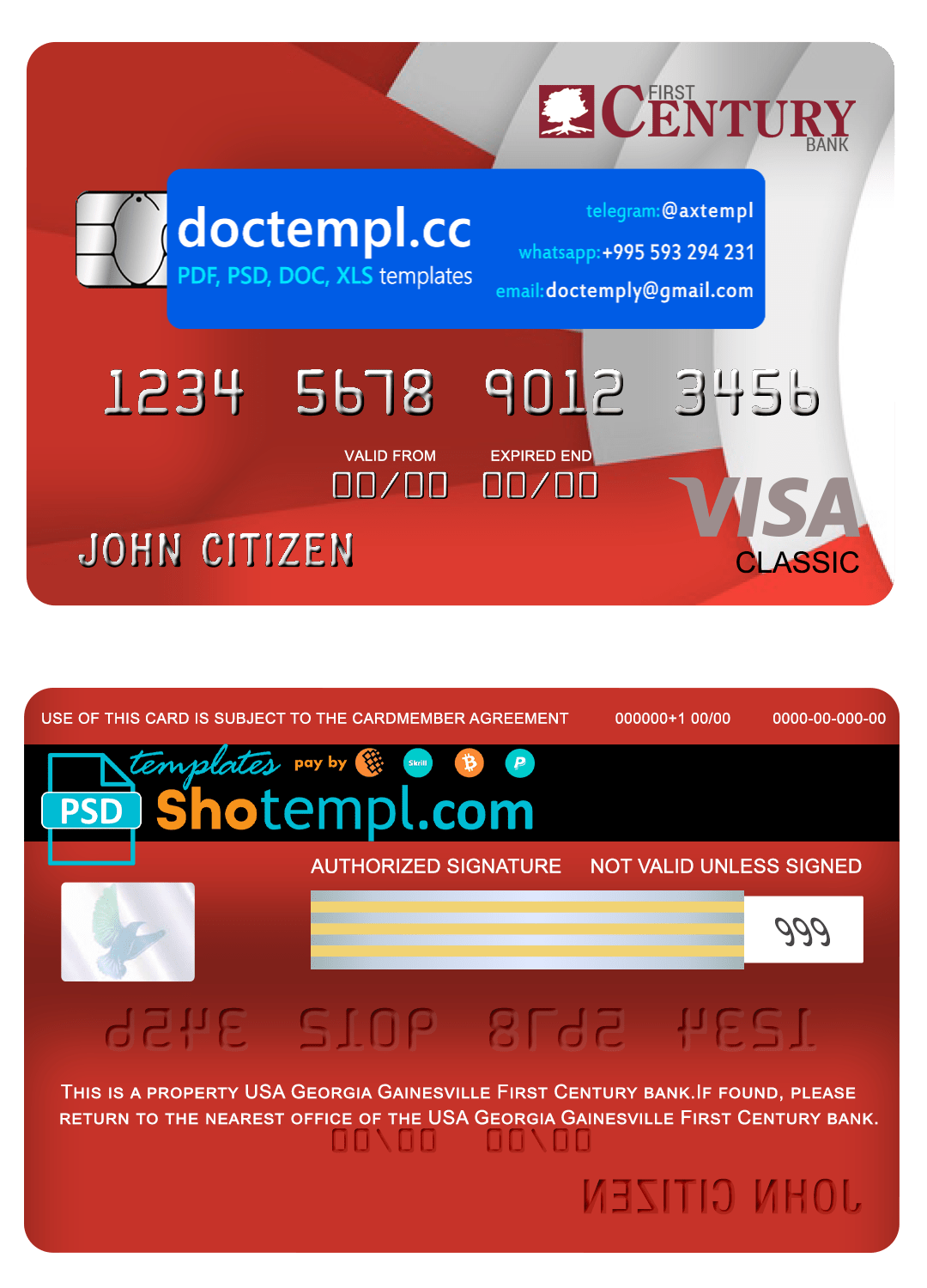 USA Georgia Gainesville First century bank visa classic card fully editable template in PSD format