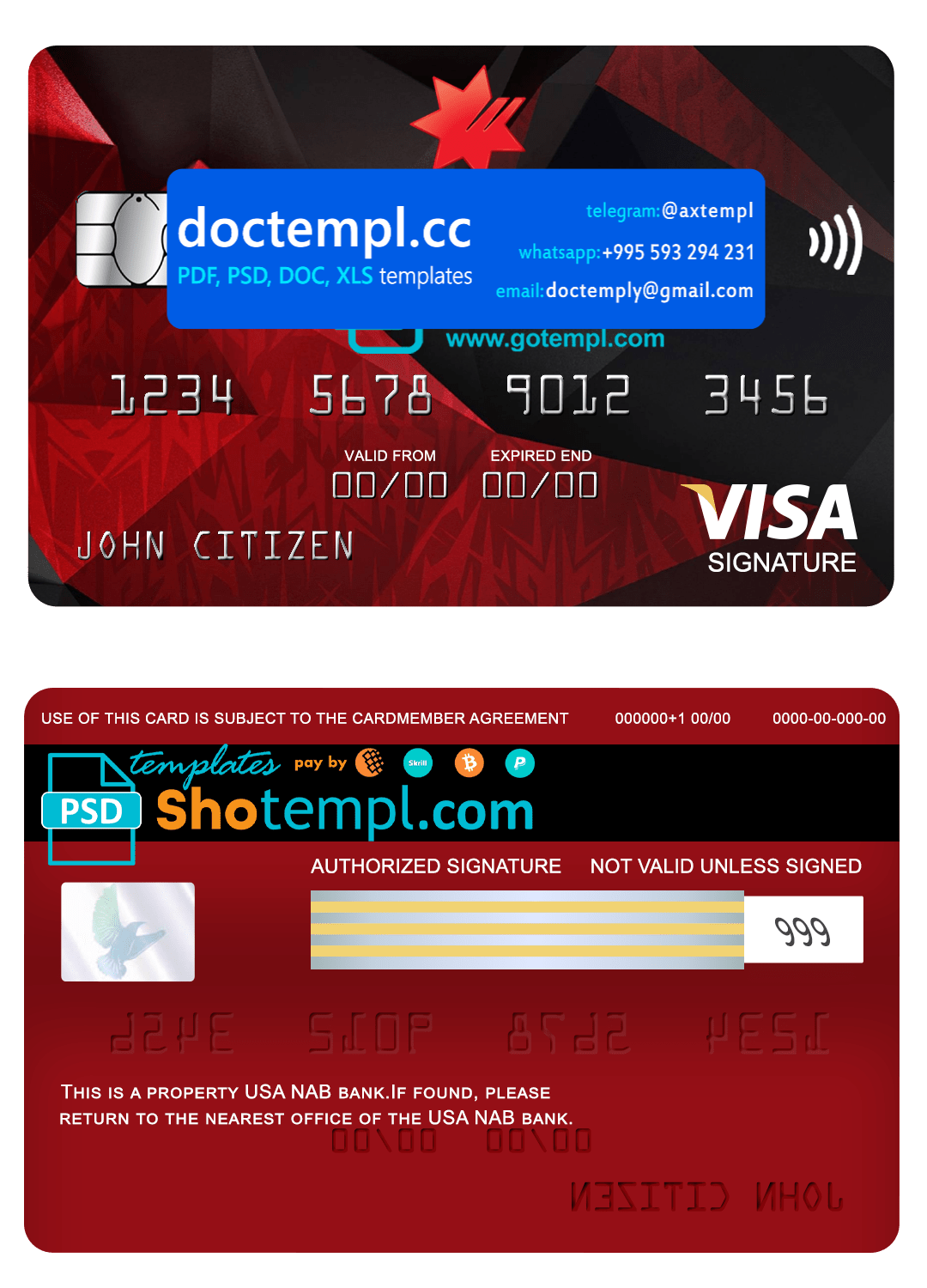 USA NAB bank visa signature card fully editable template in PSD format