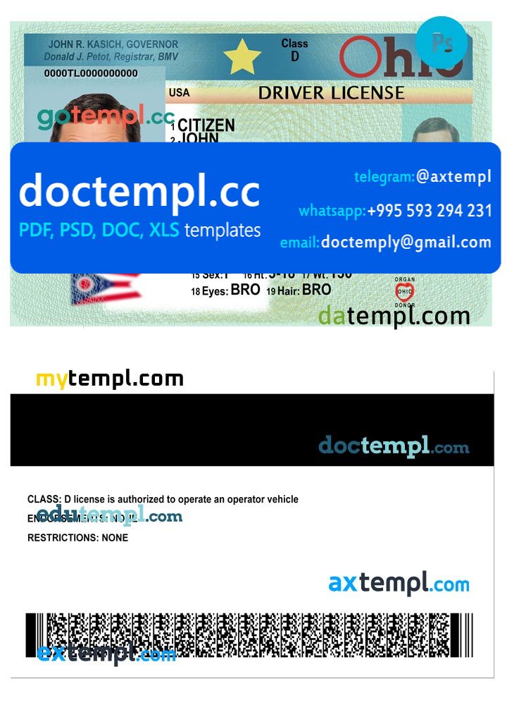 USA Ohio driving license template in PSD format, 2018 - present