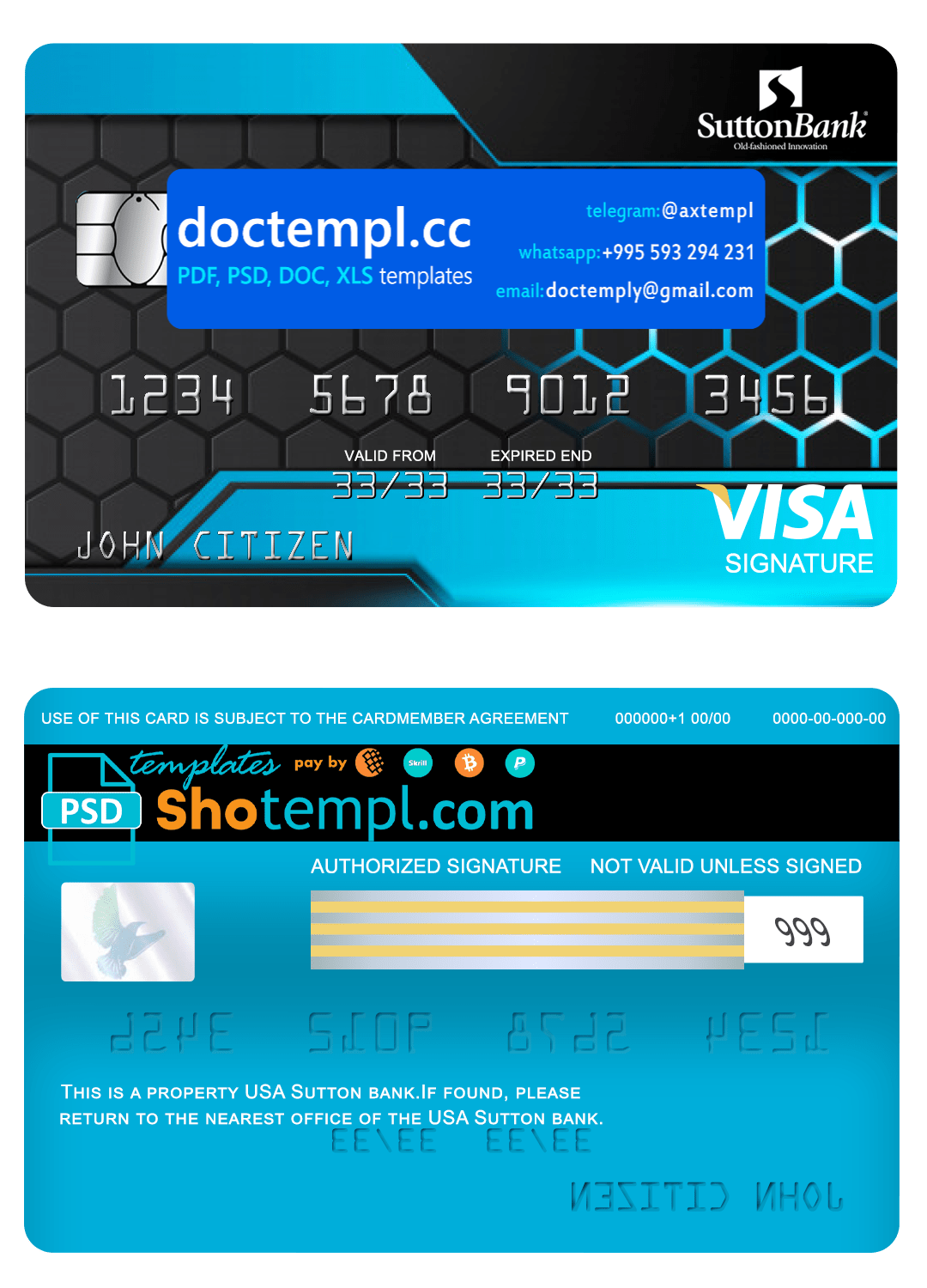 USA Sutton bank visa signature card fully editable template in PSD format