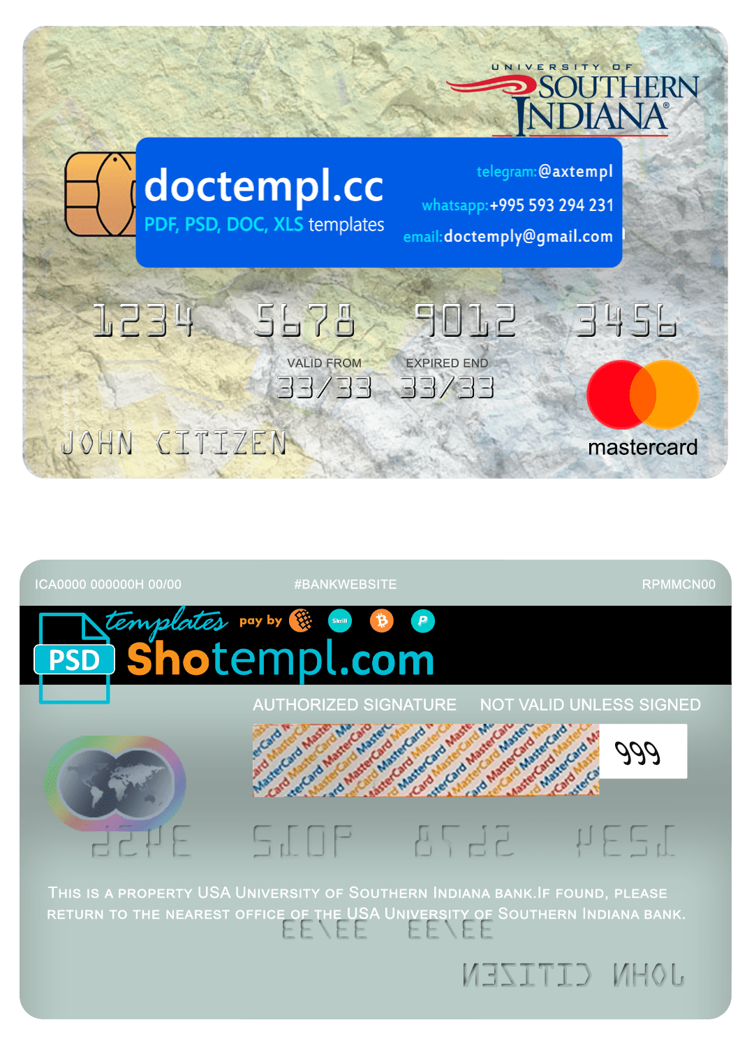 USA University of Southern Indiana bank mastercard, fully editable template in PSD format