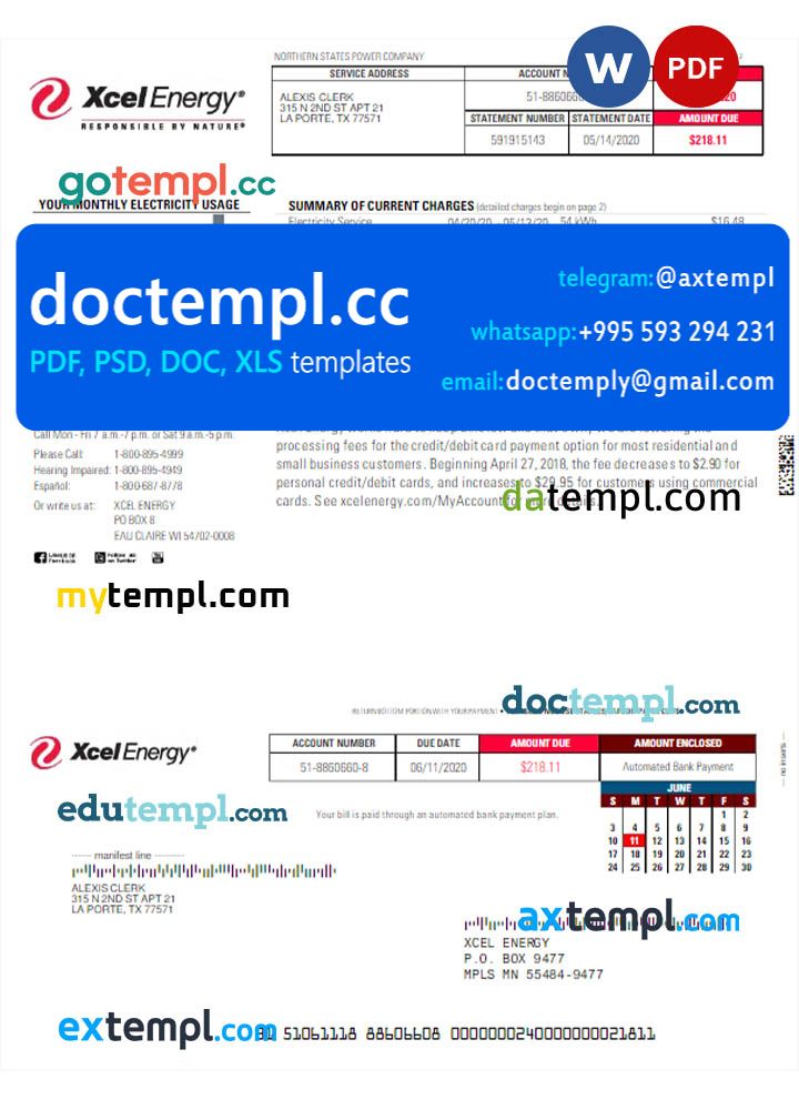 USA XCEL ENERGY utility bill Word and PDF template