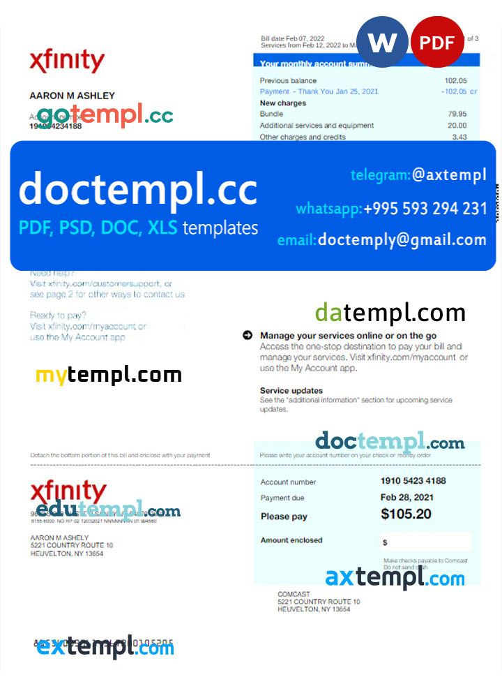 USA XFINITY utility bill Word and PDF template, version 2